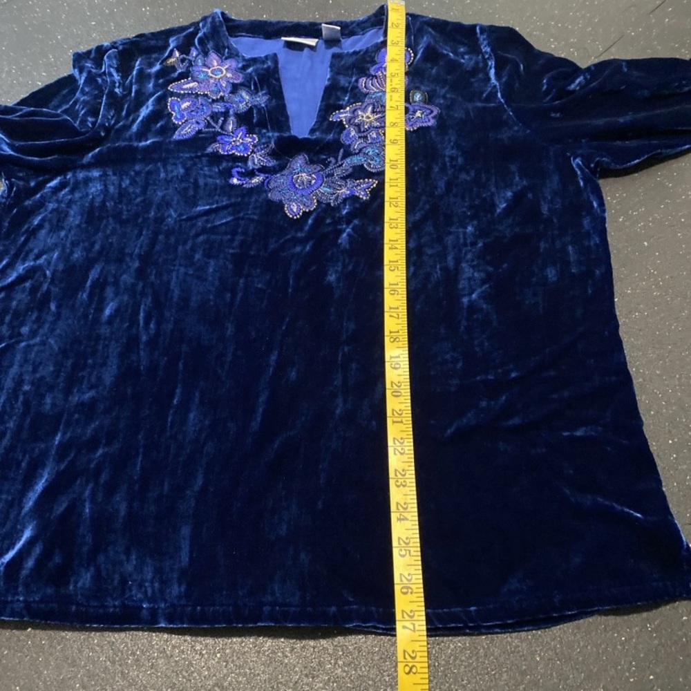 Vtg Chicos Velvet Top Women 3/XL Boho Sapphire Blue Embroidered Chic Blouse Silk - Picture 7 of 12